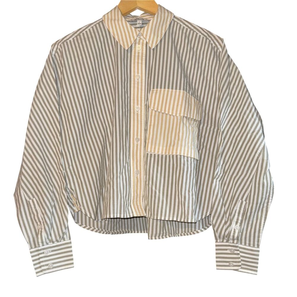 Madewell Flap Pocket Crop Button Up Shirt Poplin Lagoon Women's Small Striped - Picture 2 of 8